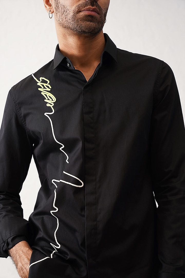 Black Cotton Embroidered Party Wear Shirt by SEVENDC MEN at Pernia's Pop Up Shop