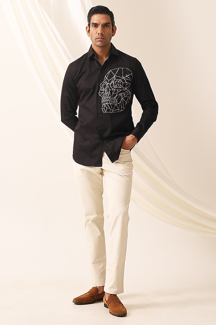 Black Cotton Hand & Mahchine Embroidered Party Wear Shirt by SEVENDC MEN at Pernia's Pop Up Shop