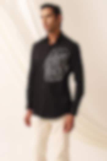 Black Cotton Hand & Mahchine Embroidered Party  start Shirt by SEVENDC MEN at Pernia's Pop Up Shop