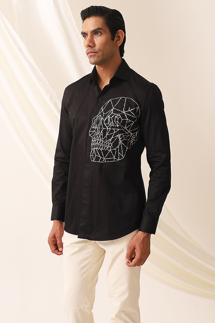 Black Cotton Hand & Mahchine Embroidered Party  start Shirt by SEVENDC MEN at Pernia's Pop Up Shop