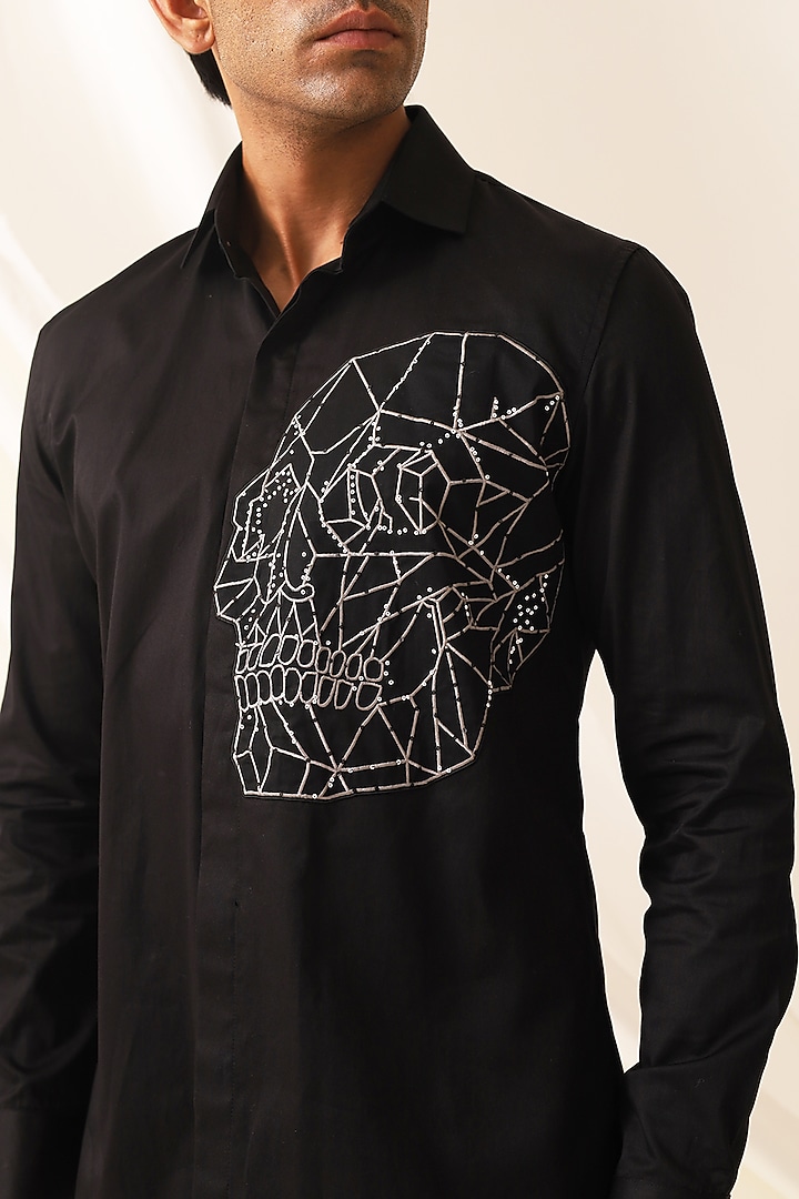 Black Cotton Hand & Mahchine Embroidered Party Wear Shirt by SEVENDC MEN at Pernia's Pop Up Shop