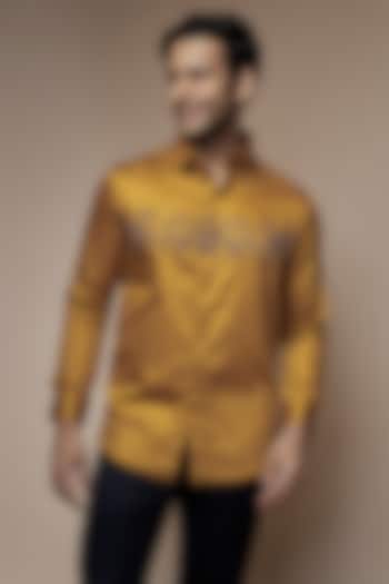 Tan Yellow Cotton Motif Embroidered Shirt by SEVENDC MEN at Pernia's Pop Up Shop