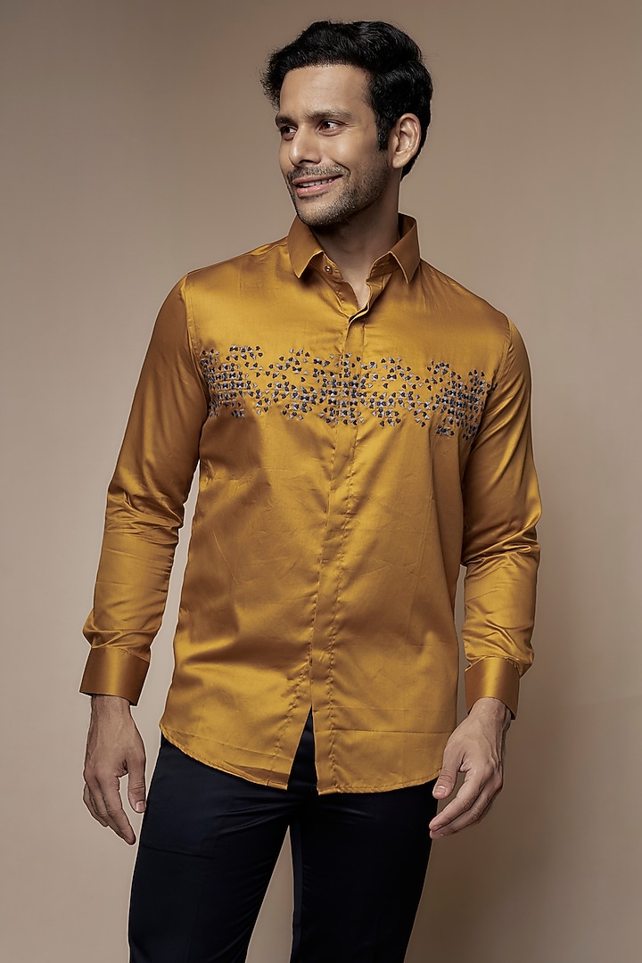Tan Yellow Cotton Motif Embroidered Shirt by SEVENDC MEN at Pernia's Pop Up Shop