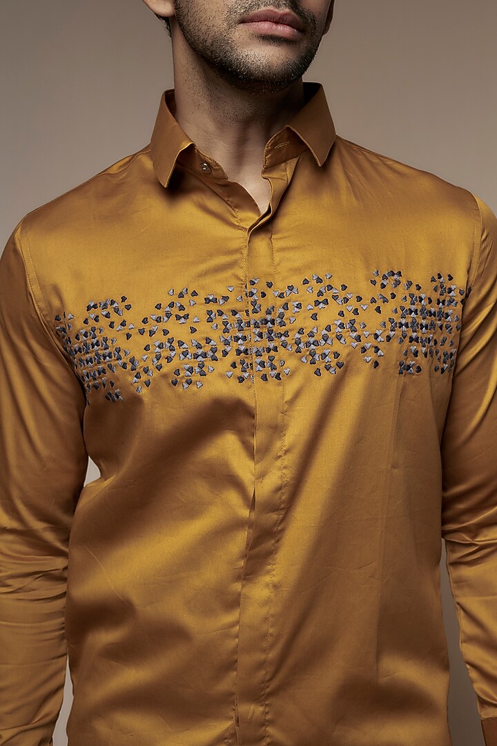Tan Yellow Cotton Motif Embroidered Shirt by SEVENDC MEN at Pernia's Pop Up Shop