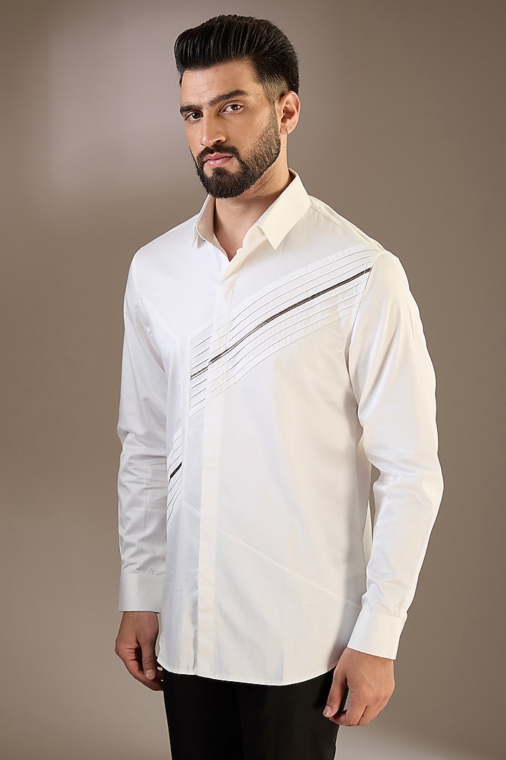 White Cotton Satin Shirt by SEVENDC MEN