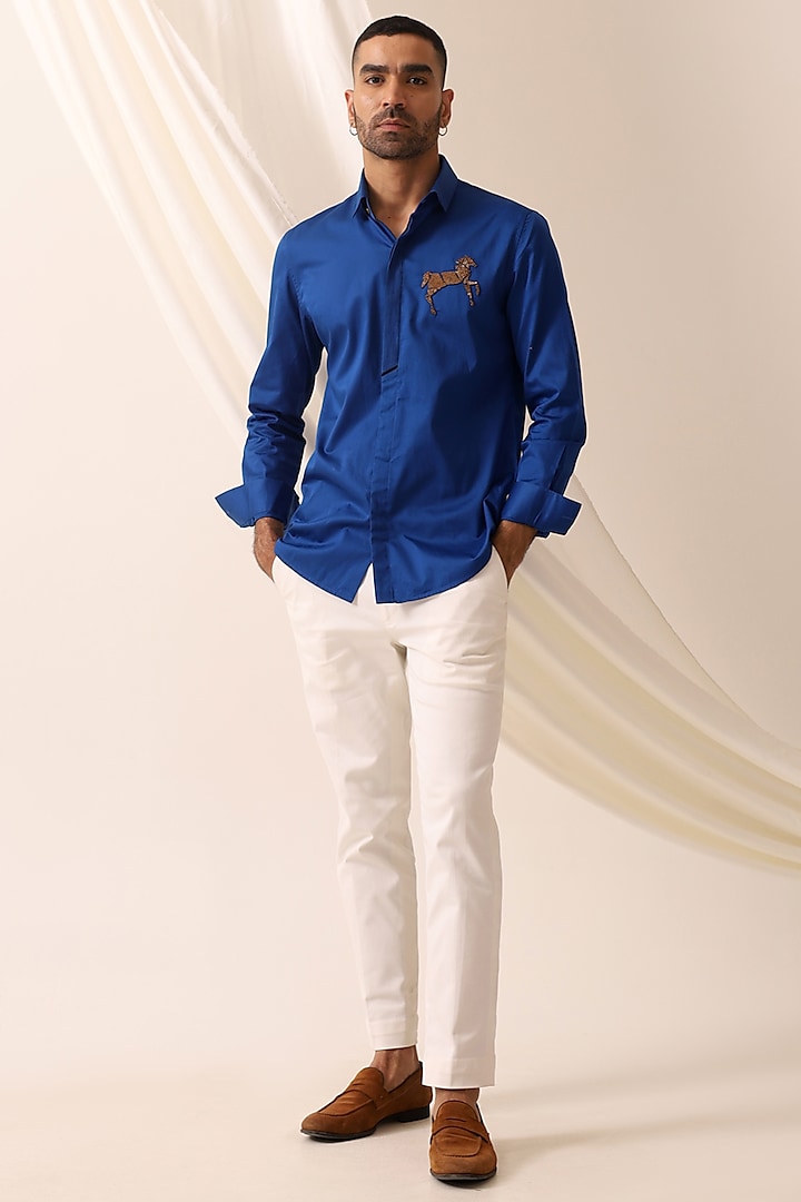 Indigo Blue Cotton Motif Embroidered Shirt by SEVENDC MEN