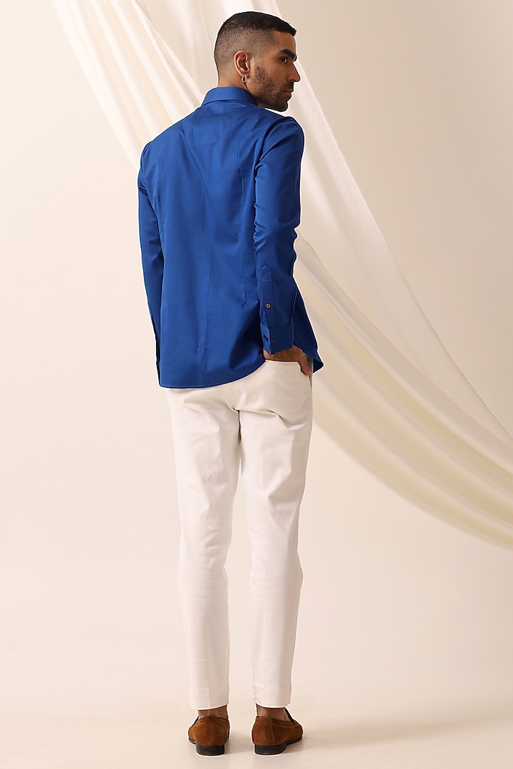 Indigo Blue Cotton Motif Embroidered Party Wear Shirt by SEVENDC MEN at Pernia's Pop Up Shop