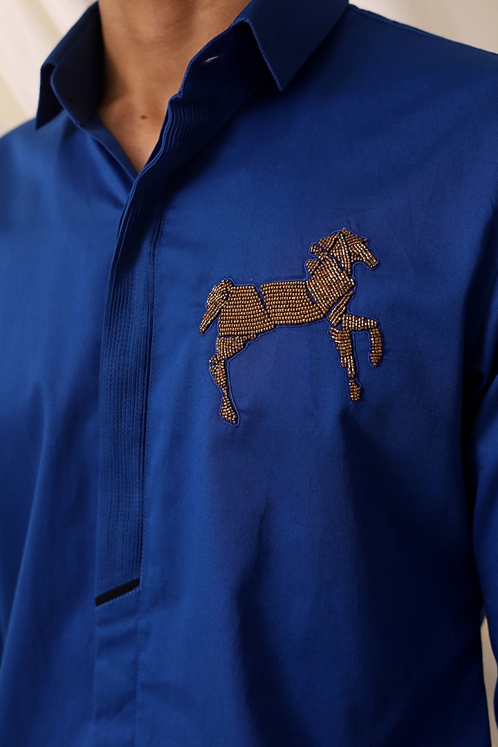 Indigo Blue Cotton Motif Embroidered Party Wear Shirt by SEVENDC MEN at Pernia's Pop Up Shop