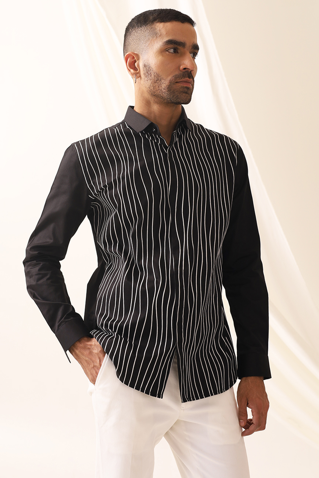 Black Cotton Printed Party  start Shirt by SEVENDC MEN at Pernia's Pop Up Shop