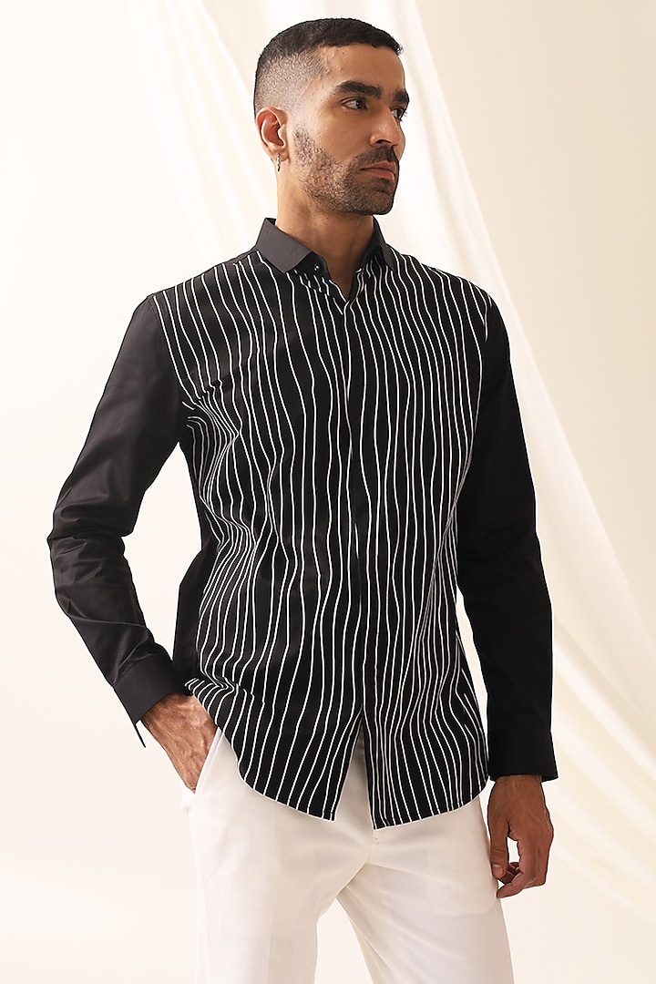 Black Cotton Printed Party  start Shirt by SEVENDC MEN at Pernia's Pop Up Shop