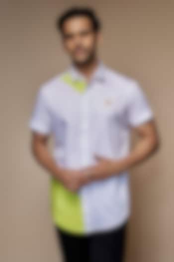 White Cotton Motif Embroidered Color Block Shirt by SEVENDC MEN at Pernia's Pop Up Shop