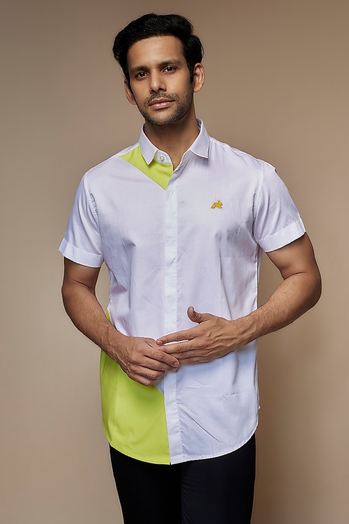 White Cotton Motif Embroidered Color Block Shirt by SEVENDC MEN at Pernia's Pop Up Shop