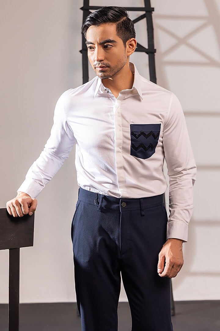 White Cotton Hand Embroidered Party Wear Shirt by SEVENDC MEN at Pernia's Pop Up Shop