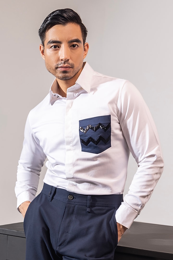 White Cotton Hand Embroidered Party Wear Shirt by SEVENDC MEN at Pernia's Pop Up Shop