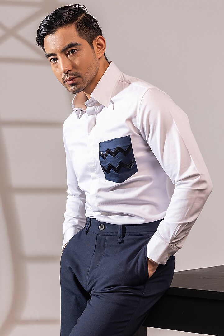 White Cotton Hand Embroidered Party Wear Shirt by SEVENDC MEN at Pernia's Pop Up Shop