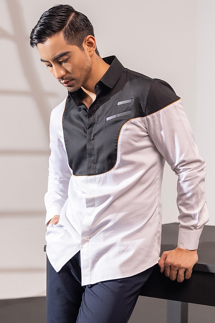 Black & White Cotton Color Blocked Party Wear Shirt by SEVENDC MEN at Pernia's Pop Up Shop