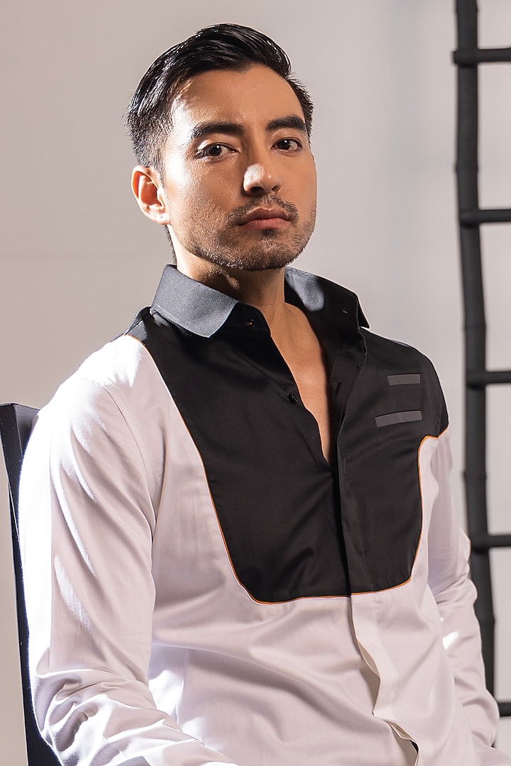 Black & White Cotton Color Blocked Party Wear Shirt by SEVENDC MEN at Pernia's Pop Up Shop