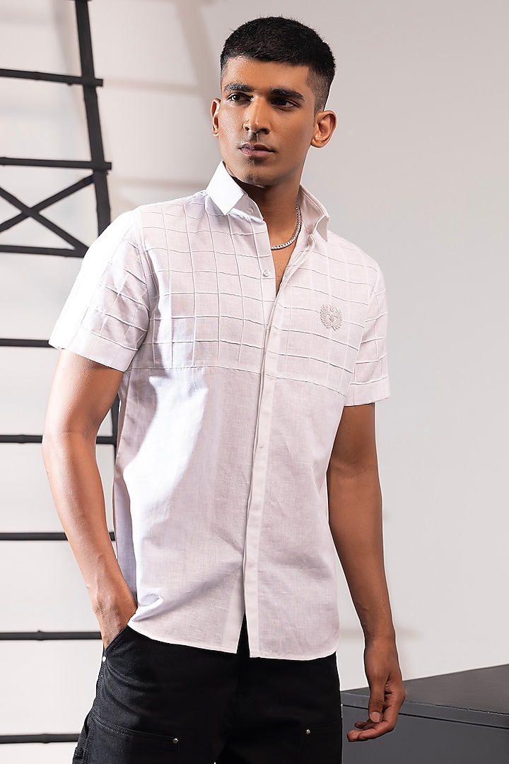 White Linen Hand Embroidered Shirt by SEVENDC MEN