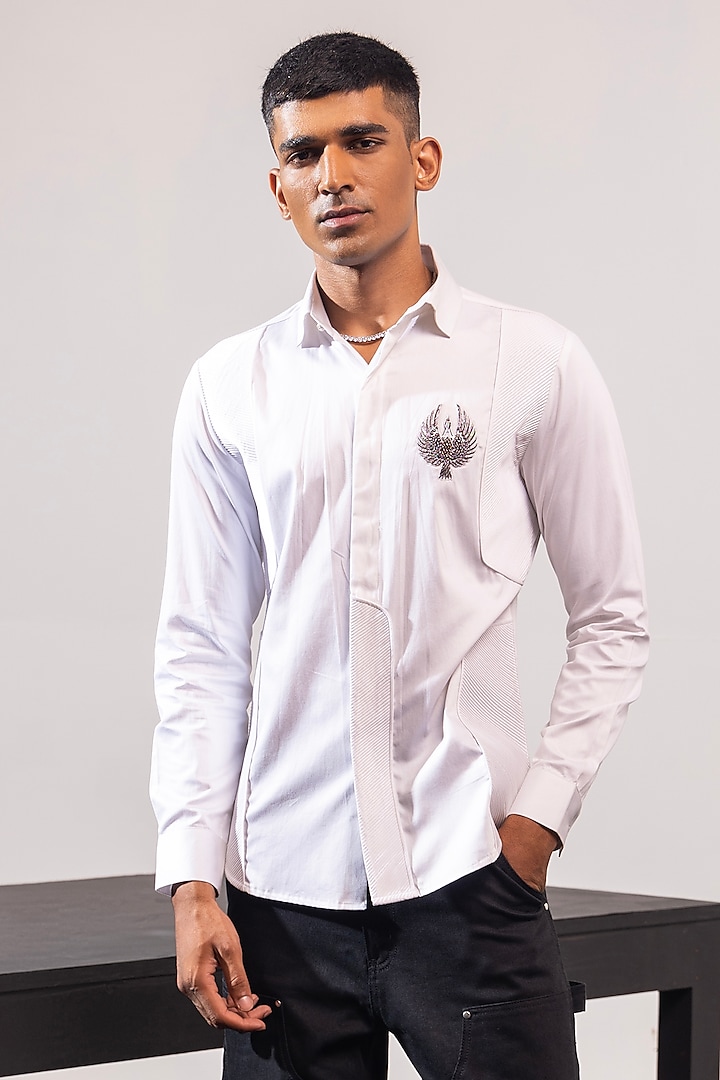 White Cotton Hand Embroidered Shirt by SEVENDC MEN