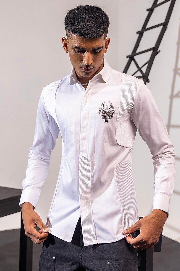 White Cotton Hand Embroidered Party Wear Shirt by SEVENDC MEN at Pernia's Pop Up Shop