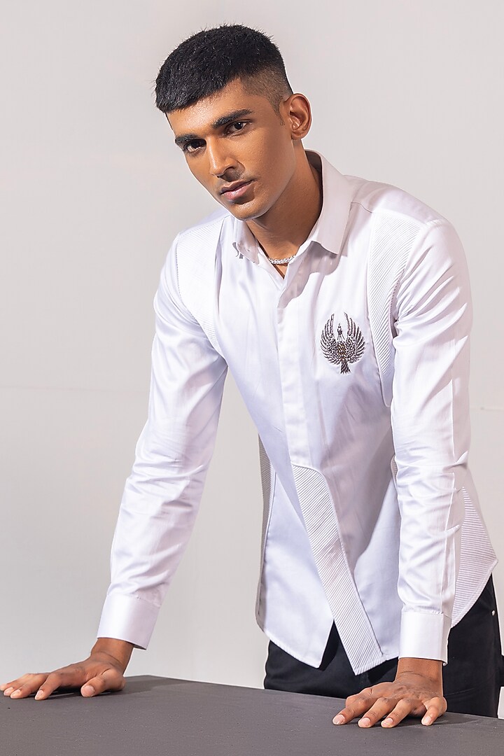 White Cotton Hand Embroidered Party Wear Shirt by SEVENDC MEN at Pernia's Pop Up Shop