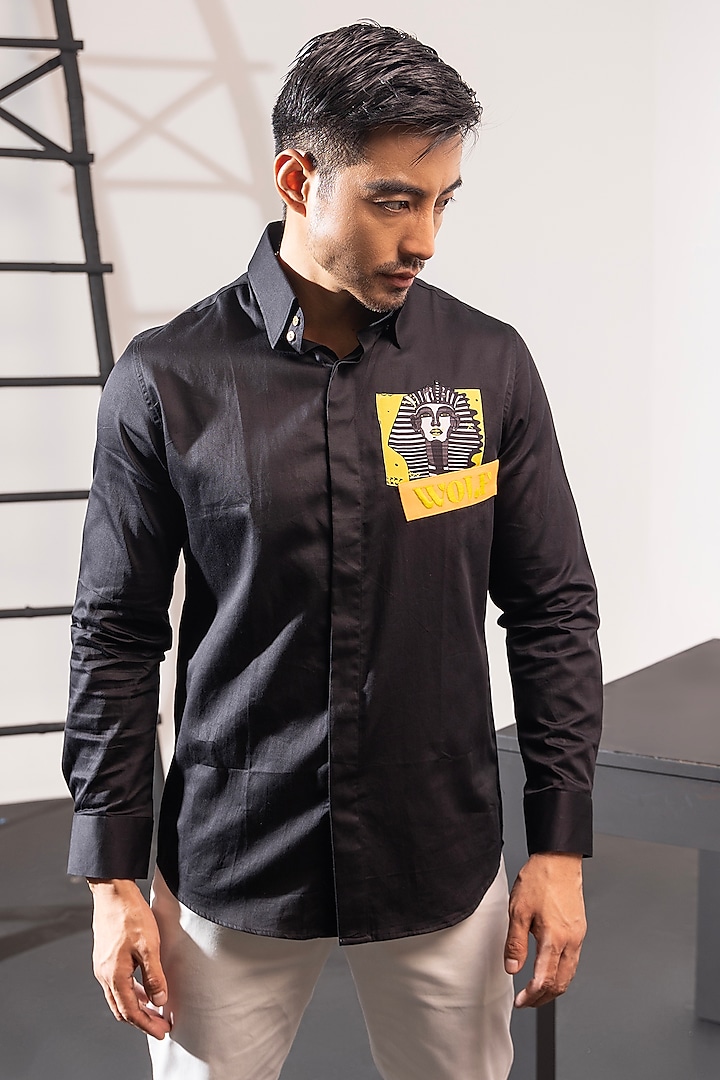 Black Cotton Printed & Embroidered Shirt by SEVENDC MEN