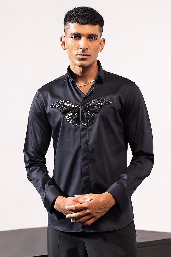 Navy Blue Cotton Hand Embroidered Shirt by SEVENDC MEN