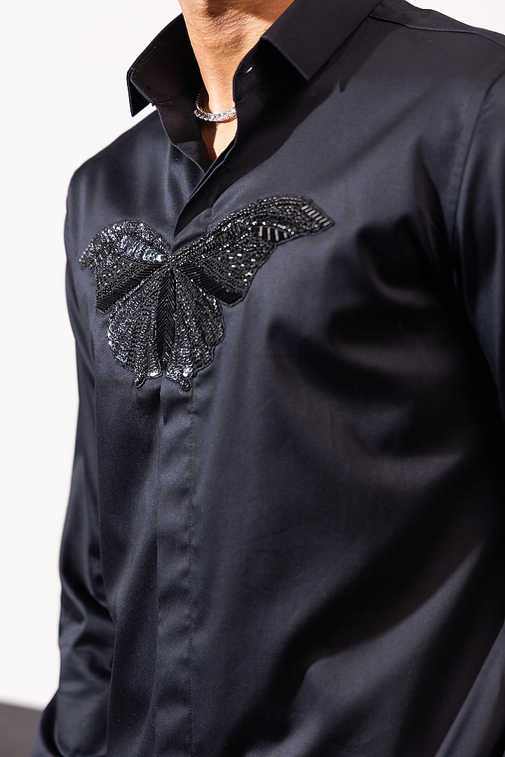 Navy Blue Cotton Hand Embroidered Party Wear Shirt by SEVENDC MEN at Pernia's Pop Up Shop