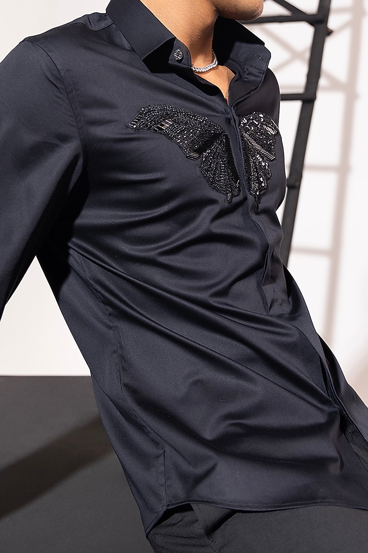 Navy Blue Cotton Hand Embroidered Party Wear Shirt by SEVENDC MEN at Pernia's Pop Up Shop