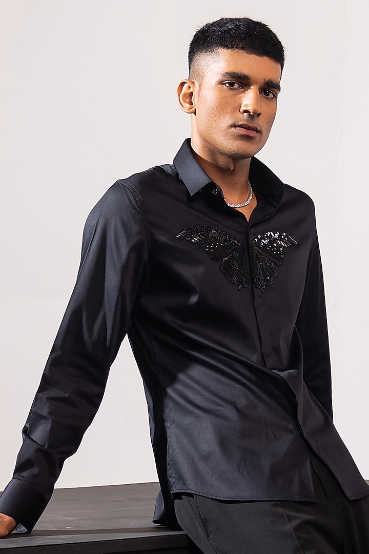 Navy Blue Cotton Hand Embroidered Party Wear Shirt by SEVENDC MEN at Pernia's Pop Up Shop