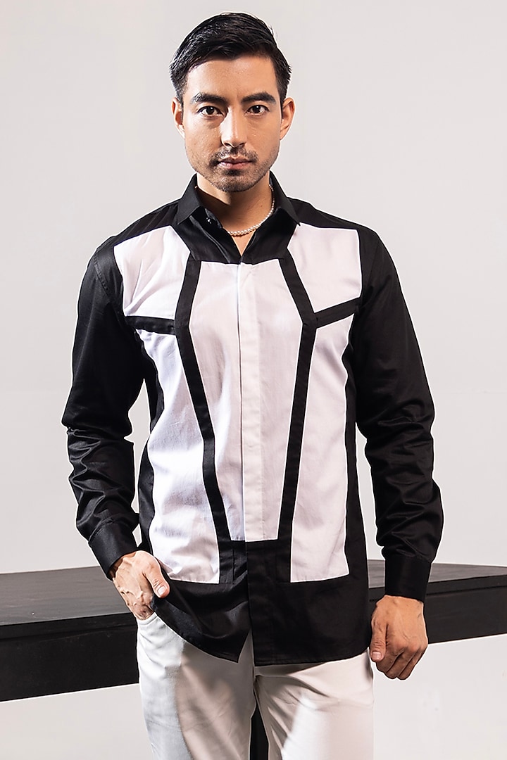 Black & White Cotton Applique Shirt by SEVENDC MEN