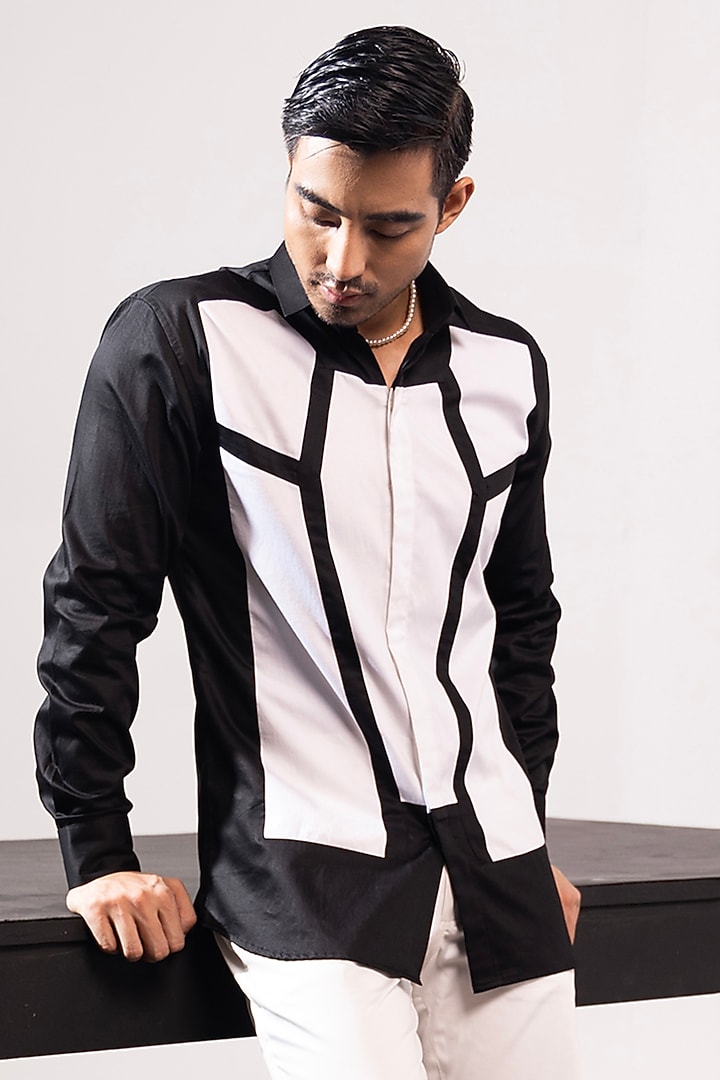 Black & White Cotton Applique Party Wear Shirt by SEVENDC MEN at Pernia's Pop Up Shop