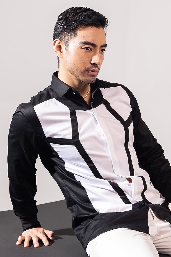 Black & White Cotton Applique Party Wear Shirt by SEVENDC MEN at Pernia's Pop Up Shop