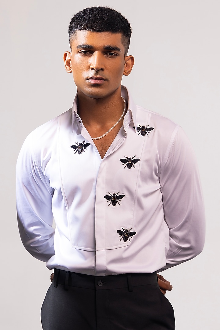 White Cotton Motif Embroidered Party Wear Shirt by SEVENDC MEN at Pernia's Pop Up Shop