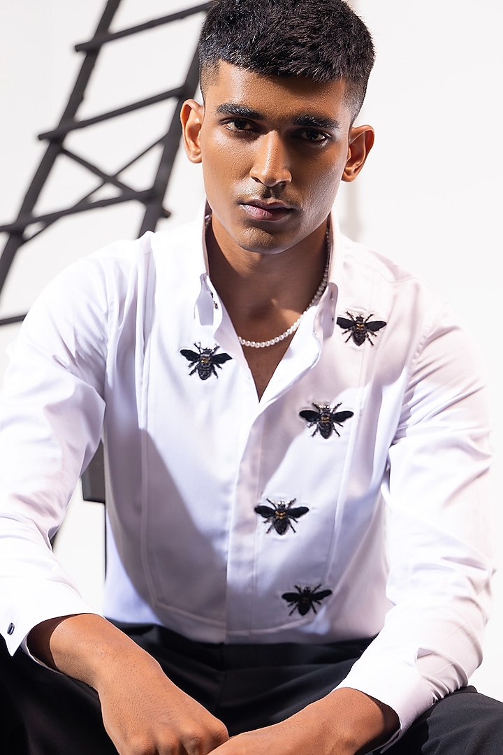 White Cotton Motif Embroidered Party Wear Shirt by SEVENDC MEN at Pernia's Pop Up Shop