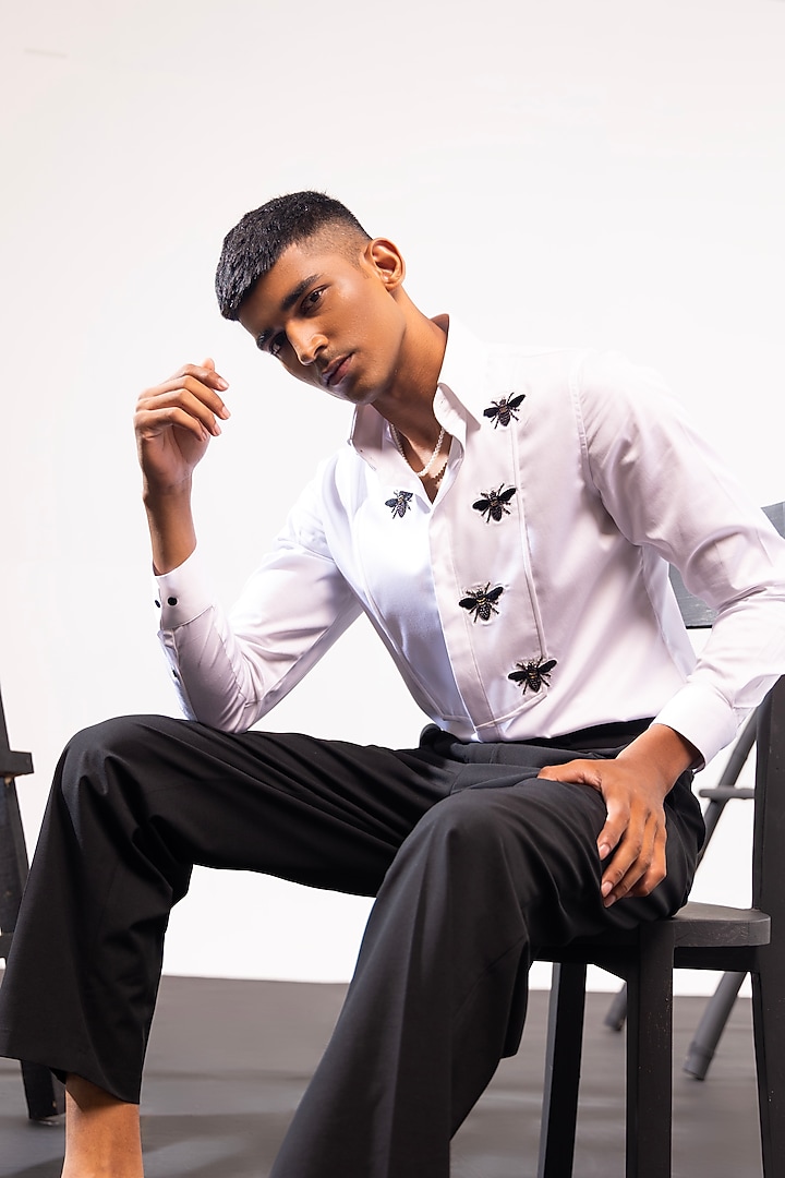 White Cotton Motif Embroidered Party Wear Shirt by SEVENDC MEN at Pernia's Pop Up Shop
