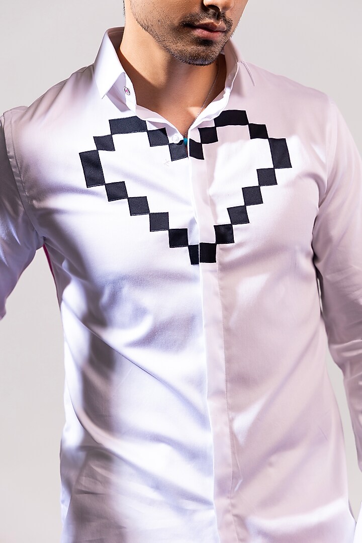 White Cotton Printed & Patch Work Party Wear Shirt by SEVENDC MEN at Pernia's Pop Up Shop