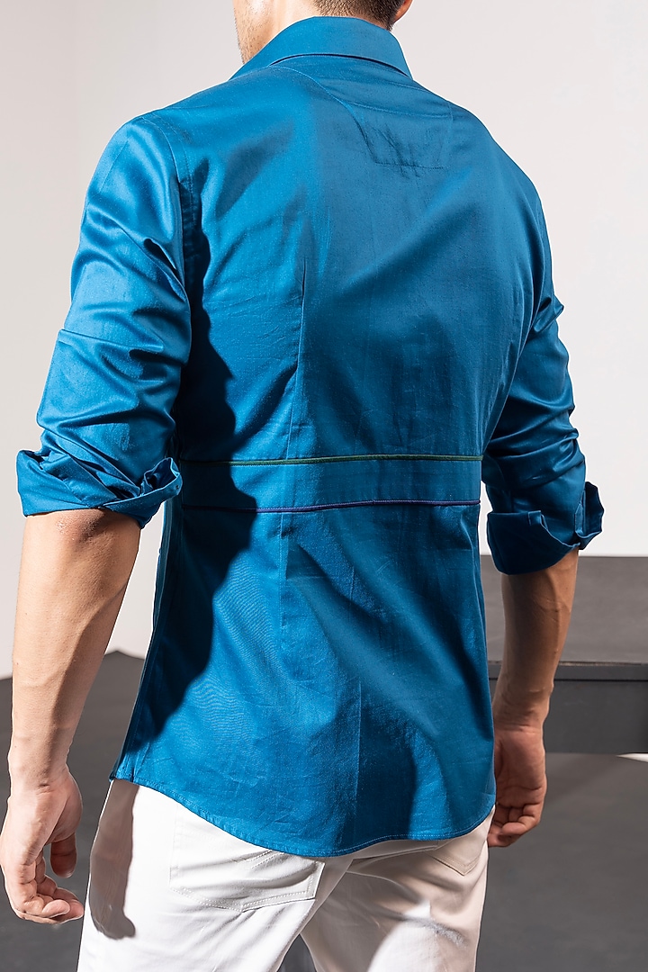 Blue Cotton Safari Party Wear Shirt by SEVENDC MEN at Pernia's Pop Up Shop