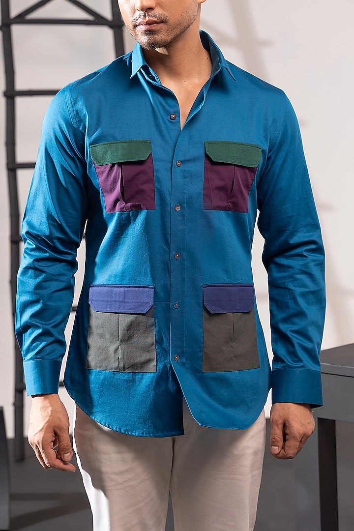 Blue Cotton Safari Party Wear Shirt by SEVENDC MEN at Pernia's Pop Up Shop