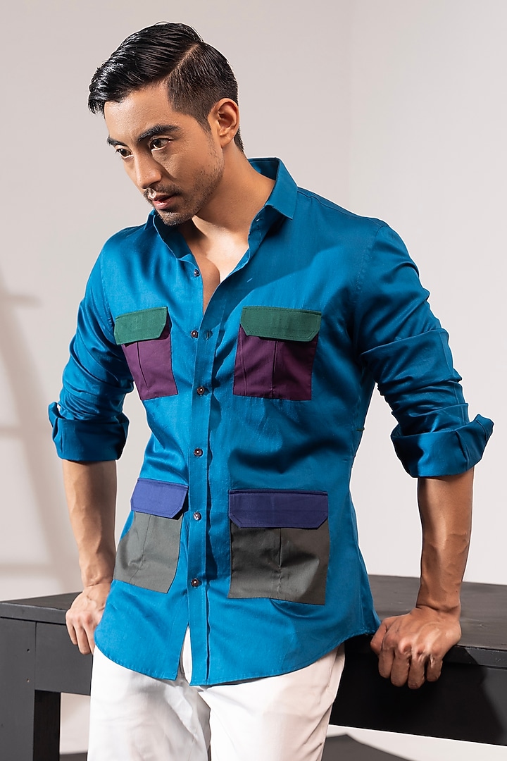 Blue Cotton Safari Party Wear Shirt by SEVENDC MEN at Pernia's Pop Up Shop