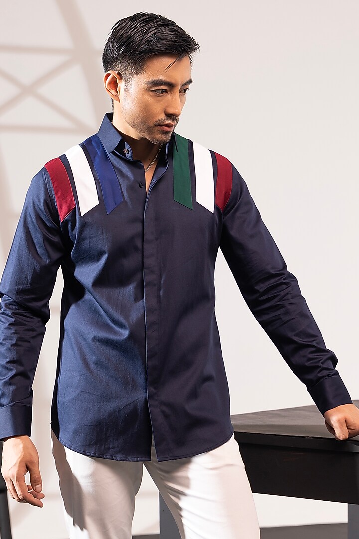 Blue Cotton Party Wear Shirt by SEVENDC MEN at Pernia's Pop Up Shop