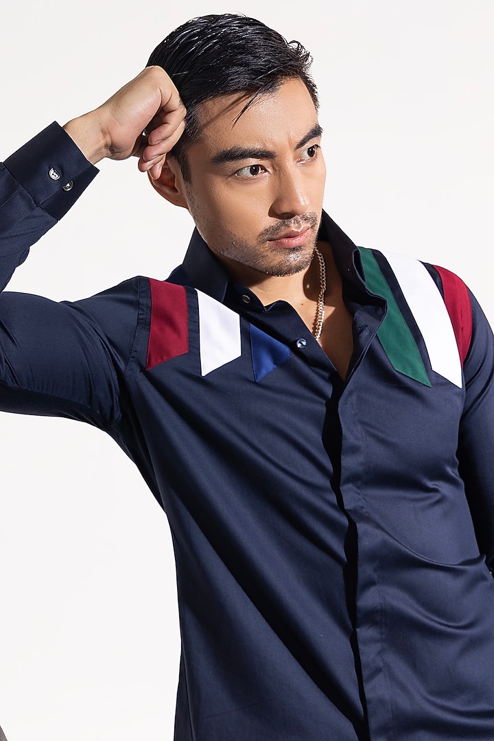 Blue Cotton Party Wear Shirt by SEVENDC MEN at Pernia's Pop Up Shop