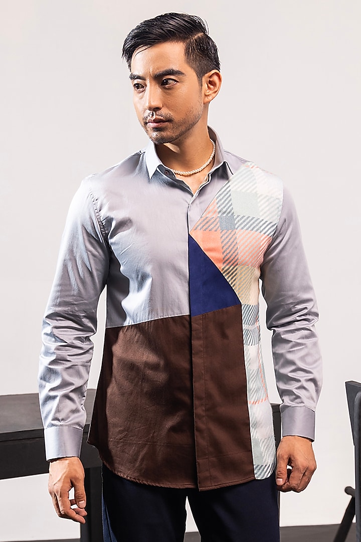 Multi-Colored Cotton Color Blocked Shirt by SEVENDC MEN