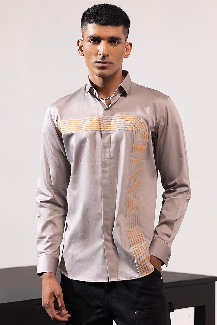 Grey Cotton Machine Embroidered Shirt by SEVENDC MEN