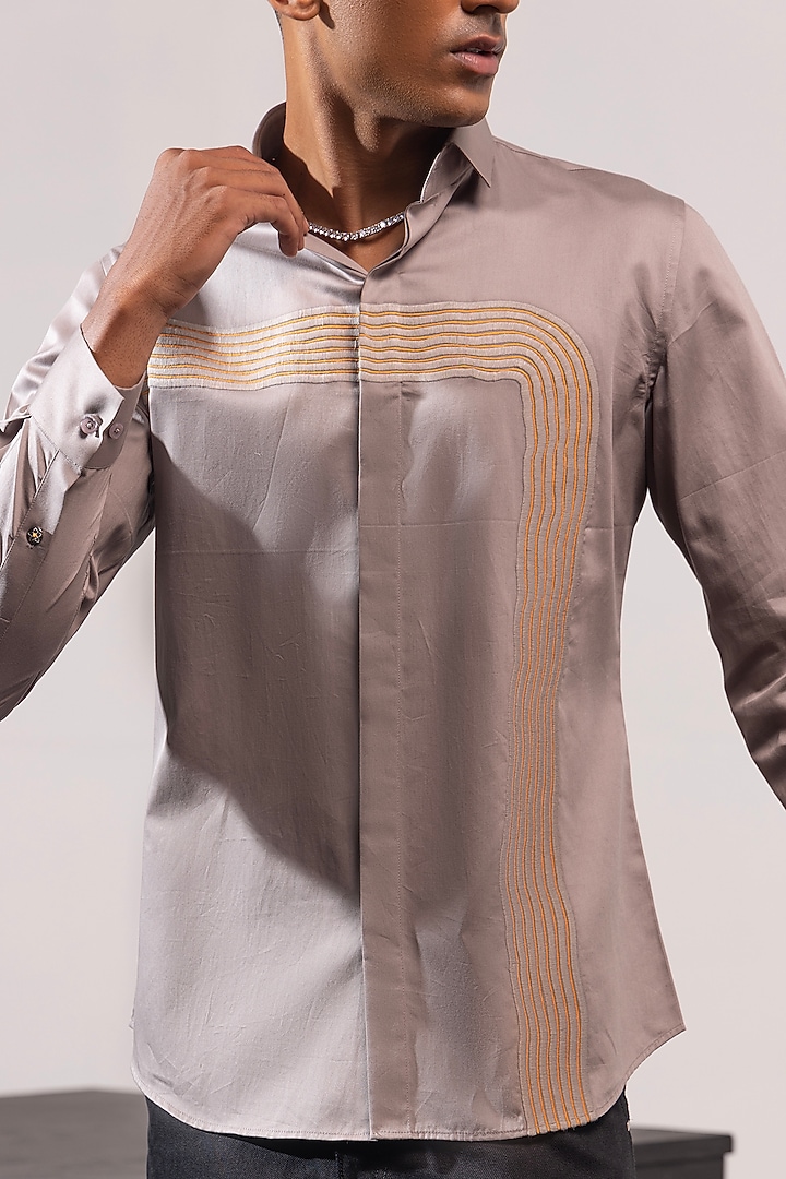 Grey Cotton Machine Embroidered Party Wear Shirt by SEVENDC MEN at Pernia's Pop Up Shop