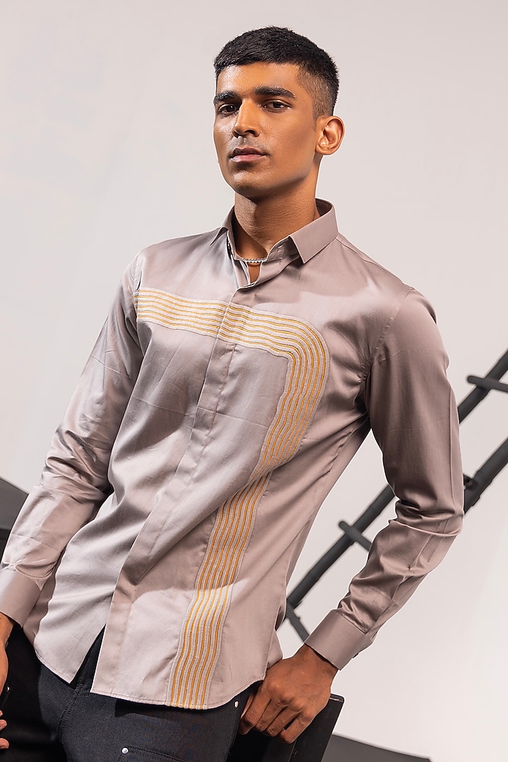 Grey Cotton Machine Embroidered Party Wear Shirt by SEVENDC MEN at Pernia's Pop Up Shop