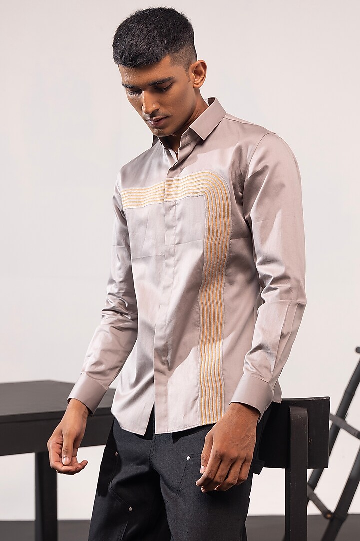 Grey Cotton Machine Embroidered Party Wear Shirt by SEVENDC MEN at Pernia's Pop Up Shop