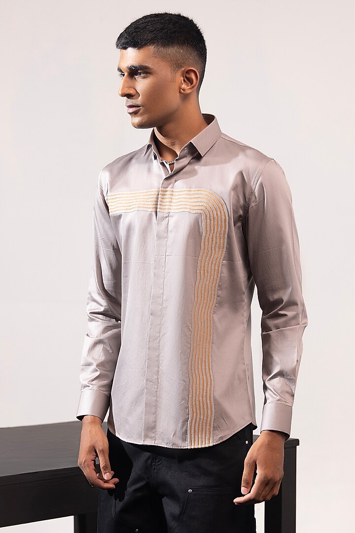 Grey Cotton Machine Embroidered Party Wear Shirt by SEVENDC MEN at Pernia's Pop Up Shop