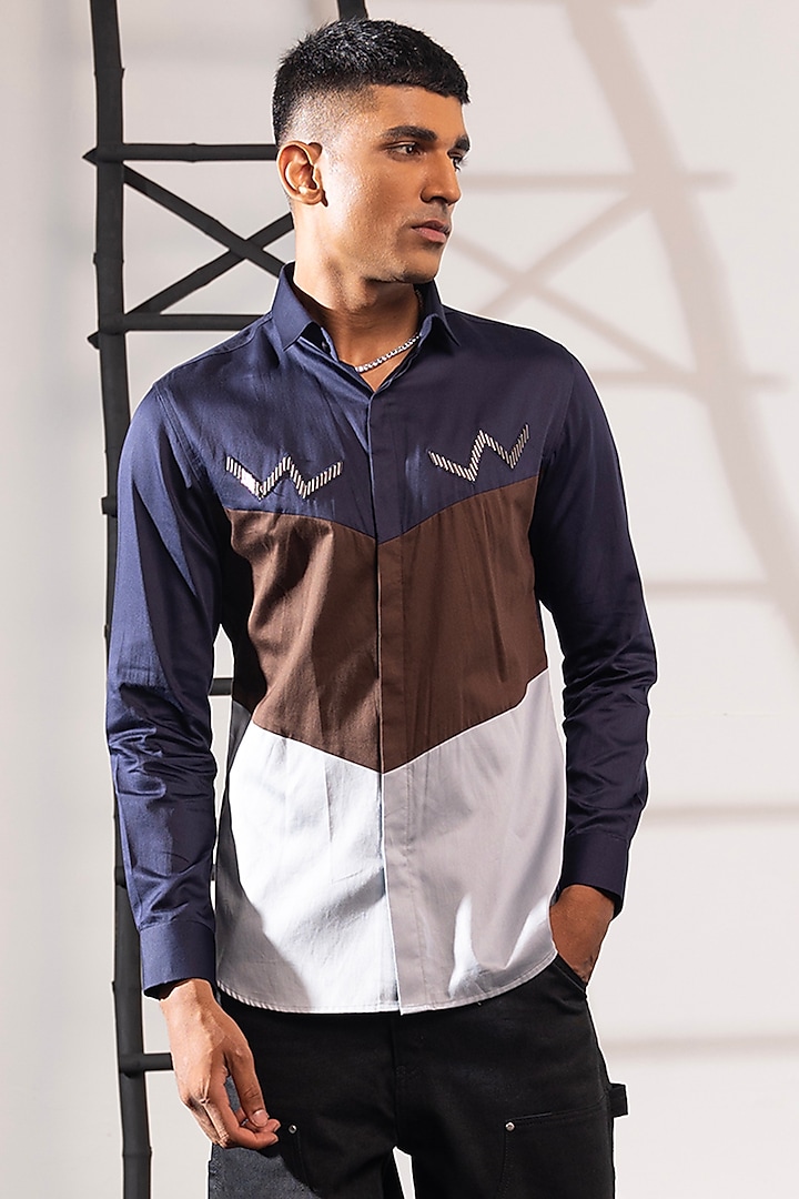 Multi-Colored Cotton Color Blocked Shirt by SEVENDC MEN