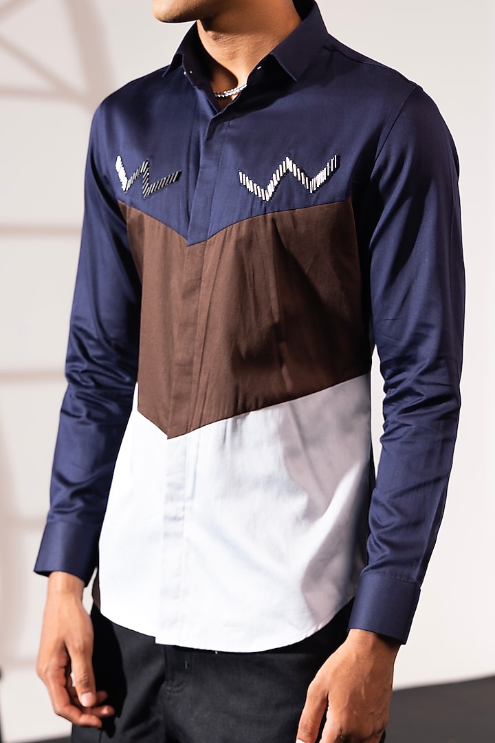Multi-Colored Cotton Color-Blocked Party Wear Shirt by SEVENDC MEN at Pernia's Pop Up Shop